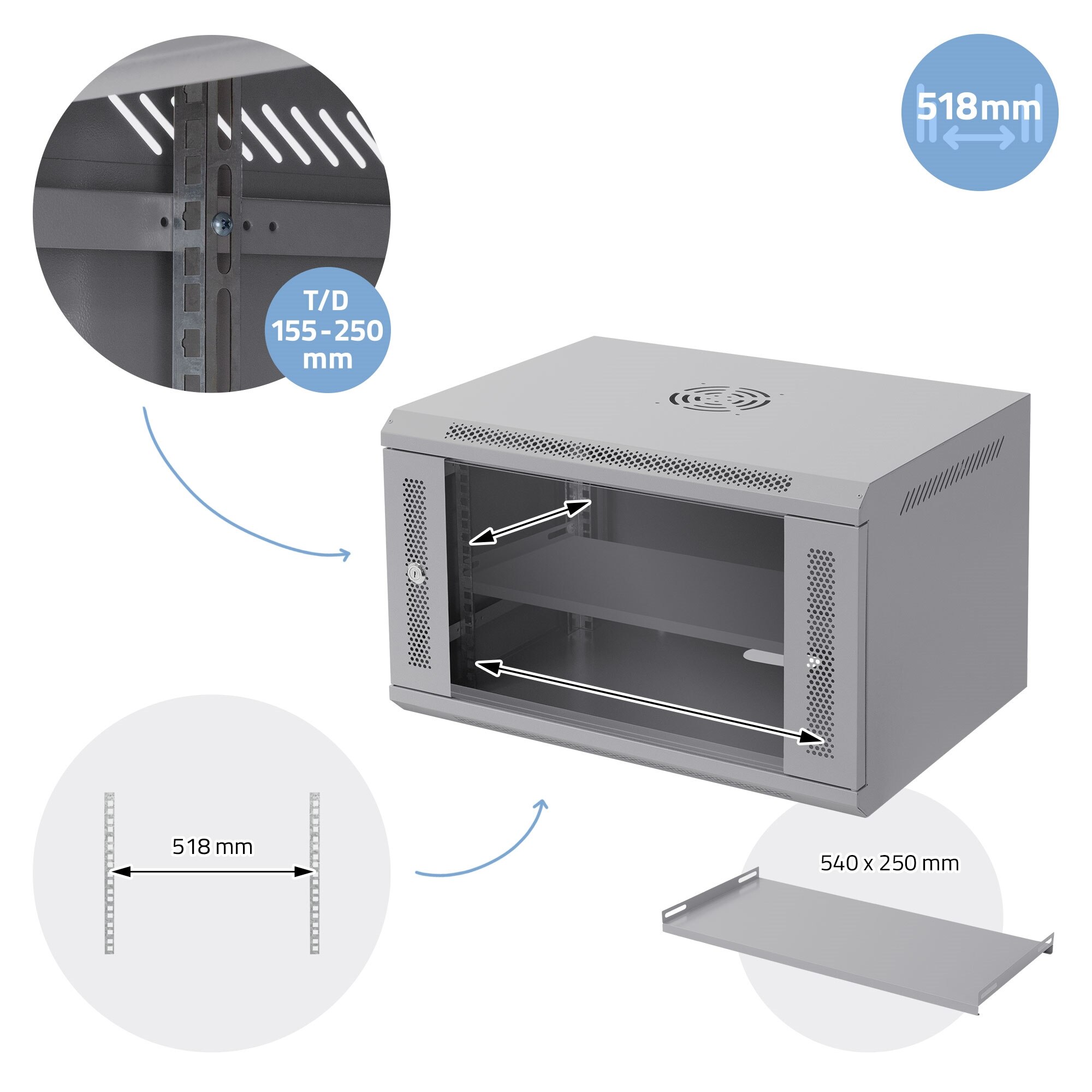 Open Rack Retea Cabinet rack retea de 19” ECD Germany, 6 RU, gri, montare pe perete ...