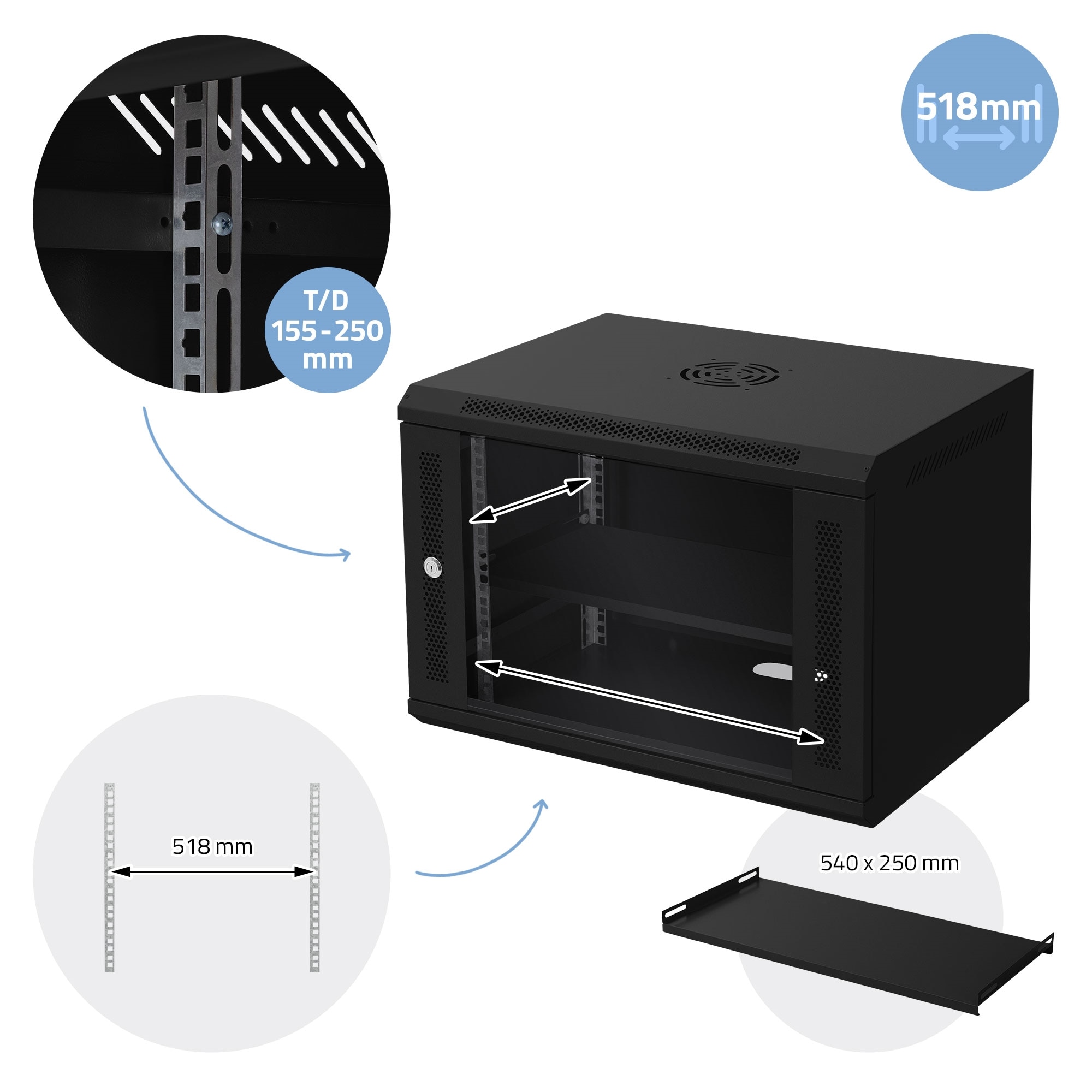 Open Rack Retea Cabinet rack retea de 19” ECD Germany, 7 HU, negru, montare pe perete ...
