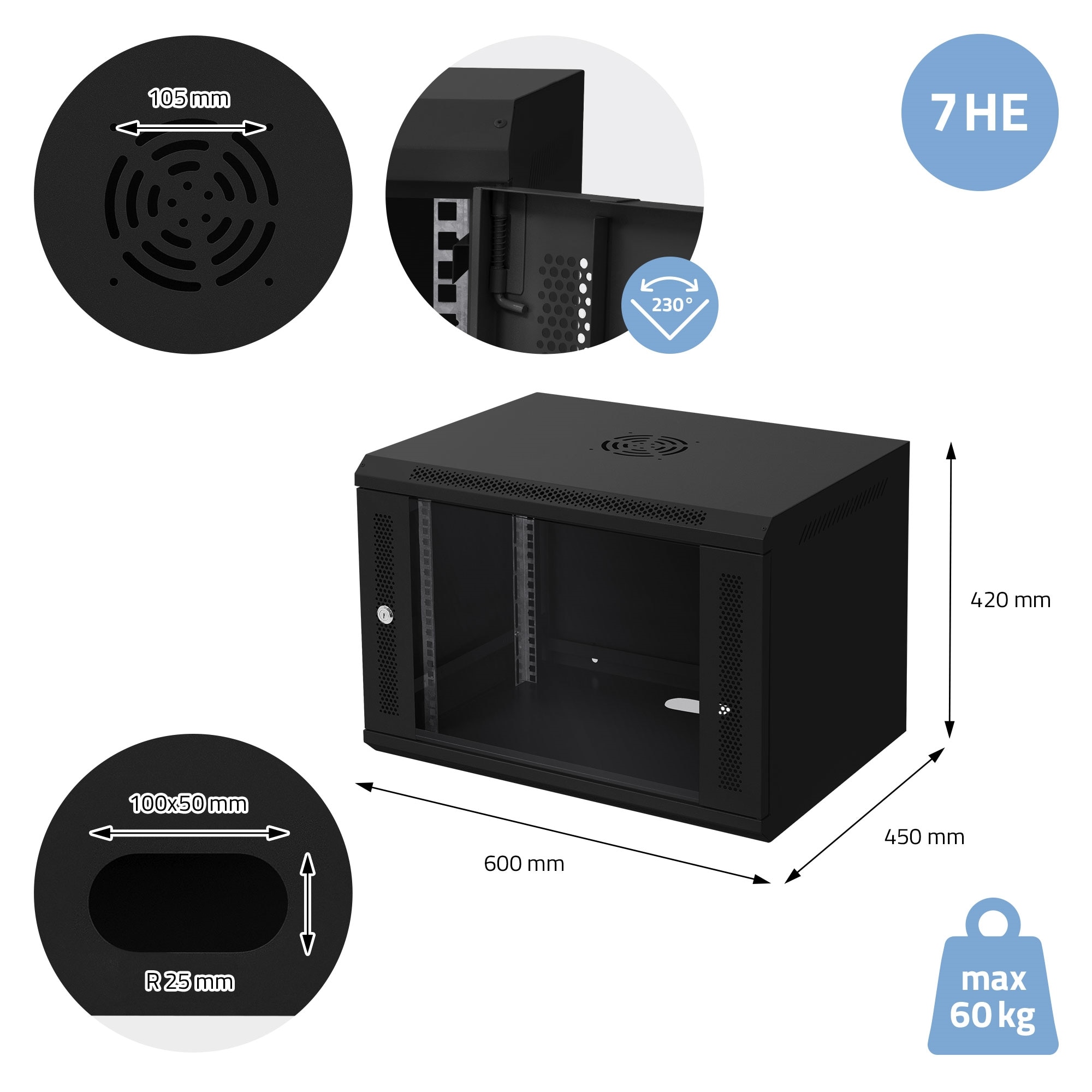 Open Rack Retea Cabinet rack retea de 19” ECD Germany, 7 HU, negru, montare pe perete ...
