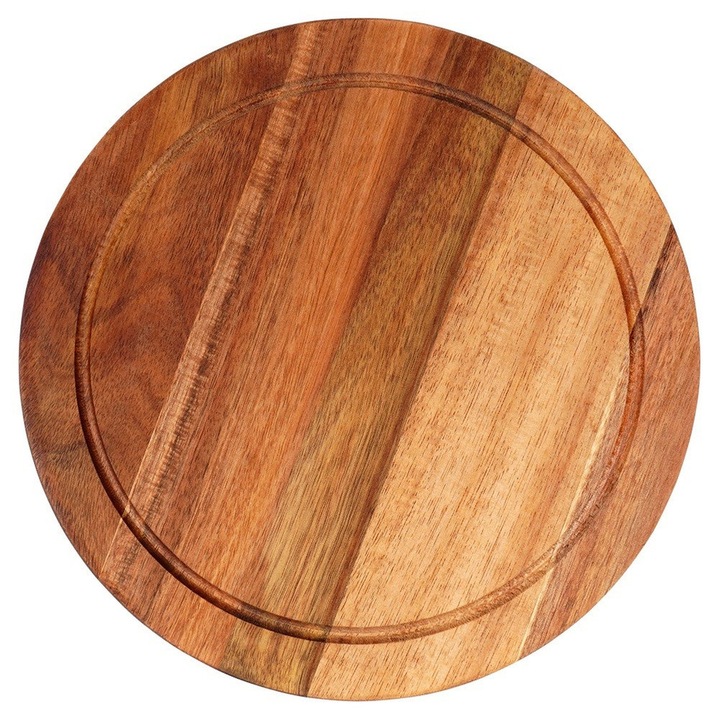 Placa De Bucatarie, Excellent Houseware, Acacia, Rotunda 25 cm, Grosime 1.5 cm, Canal Adanc, Rezistenta La Umiditate, Ideala Pentru Taiere Si Servire