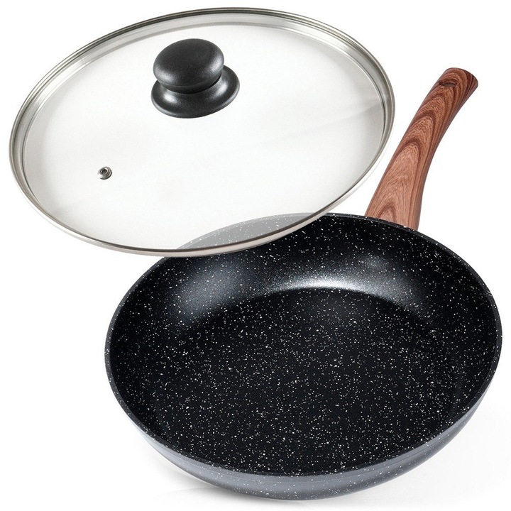 Алуминиев тиган със стъклен капак, Vilde, Black&Wood, 26 см, гранитно незалепващо покритие, черен, подходящ за всички котлони, подходящ за съдомиялна машина, комплект от 1 тиган + капак