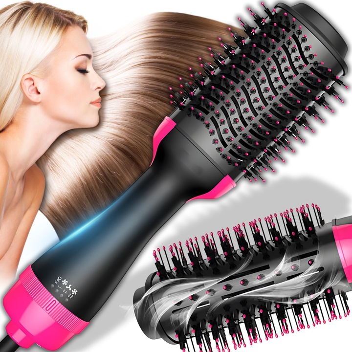 RETOO електрическа четка, сешоар, маша, преса и четка за обем, 4 в 1 1200 W, 3 настройки за температура и скорост, 1 м кабел, компактна и многофункционална, черна, розова