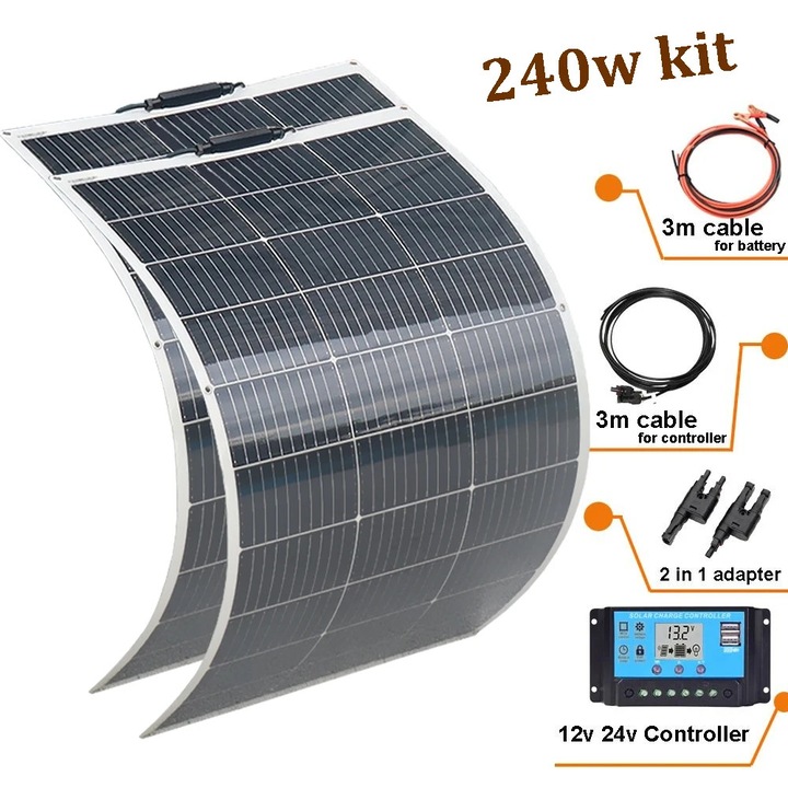 Kit 2 panouri solare flexibile, 240 W, 975x550x5 mm, set complet