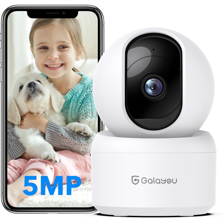 Вътрешна камера за видеонаблюдение, GALAYOU, 3K (5MP) WiFi с интелигентно проследяване и съвместимост с Alexa, бял цвят