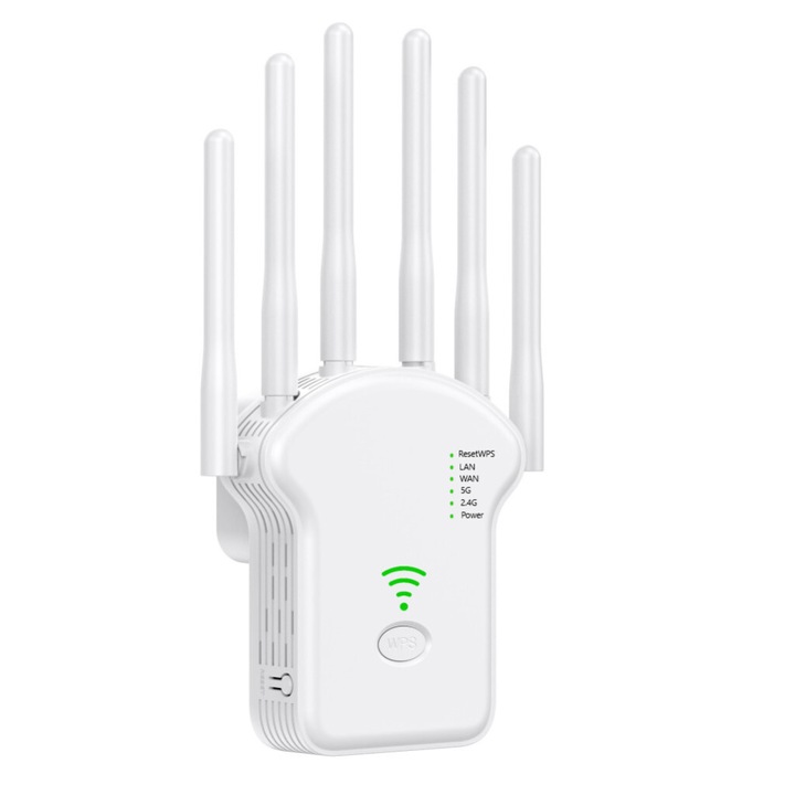 Urlant Wi-Fi WLAN Jelerősítő Repeater, 6 antenna, 2.4GHz/5GHz, AC 1200Mbps, max. 100M hatótávolság, fehér