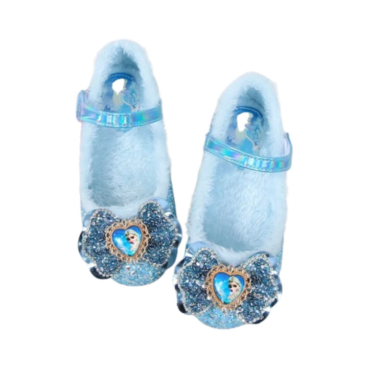 Pantofi eleganti cu toc pentru fetite cu fundita Mixbo, sclipici si strasuri, pufosi in interior, bareta cu scai, Albastru