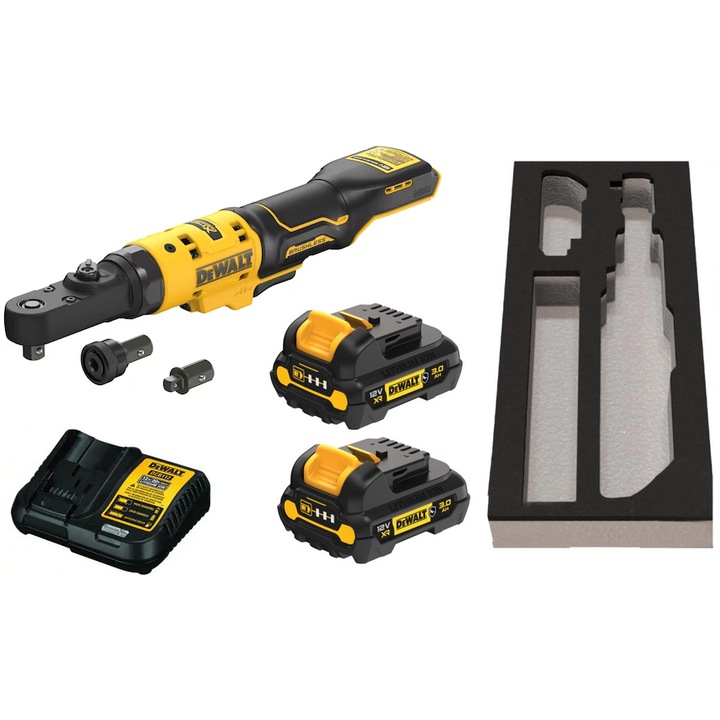 DeWALT DCF500 racsnis kulcs, 2 db 18V Li-Ion 3,0Ah akkumulátor, 75Nm, 450 ford/perc, készlet 1/4" és 3/8" adapterekkel