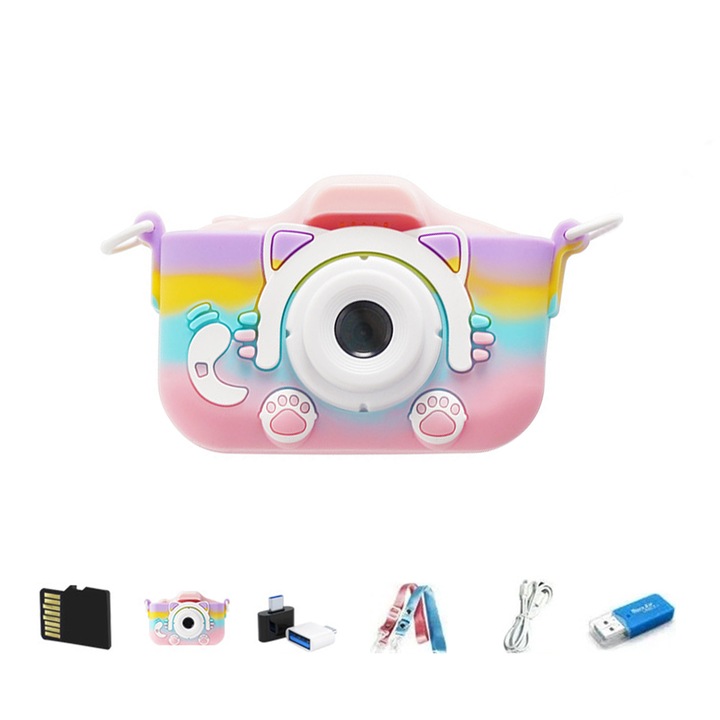 Детска камера, 1080P HD, двойна, 64GB, с аксесоари, многоцветна