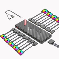 Fan Controller PC Fudisen®, Hub Ventilatoare si Splitter ARGB 2-in-1, 10 Porturi (5V 3Pin), Fixare Magnetica, Alimentare SATA, Sincronizare Placa de Baza, Negru