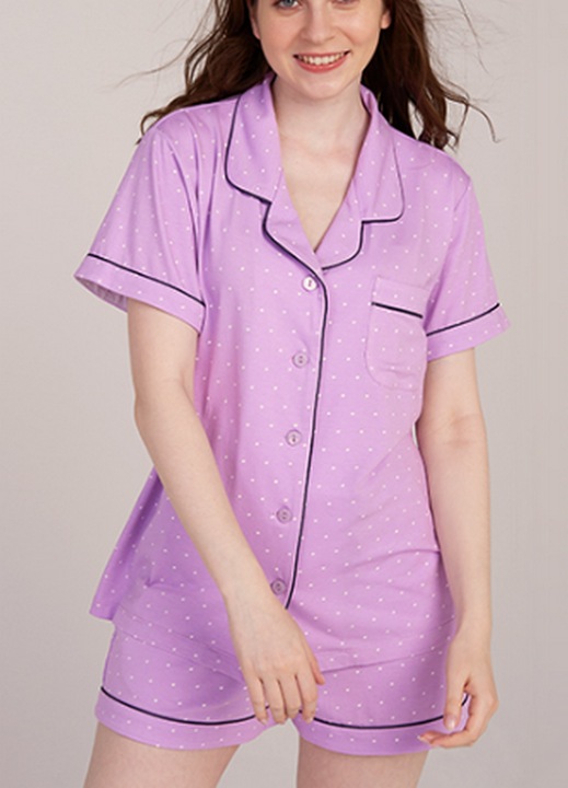 Set Pijama Dama, Bluza si Pantaloni, Croiala Lejera si Confortabila, LAPASA, L100, violet cu buline albe