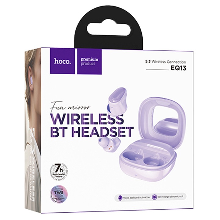 Vezeték nélküli fülhallgató Hoco (EQ13), Vezeték nélküli fülhallgató, Ear Buds, BT 5.3, 180 óra készenlét, 400mAh, Tükör tok, Funtrue, Lila