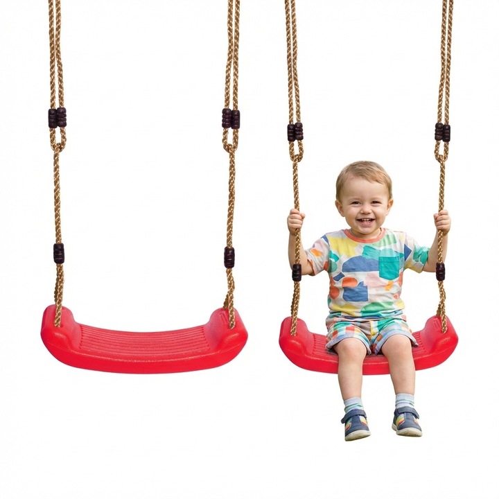 Leagan pentru copii cu franghie, Bello Giardino, placa de plastic, scaun rosu, franghii rezistente, 415x170mm