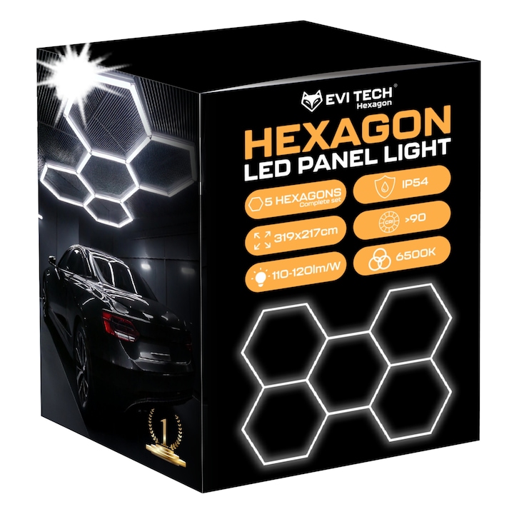 LED лампа HEXAGON 319x217 см за работилница, гараж и дома - Професионално осветление, енергоефективно, 6500K, IP54