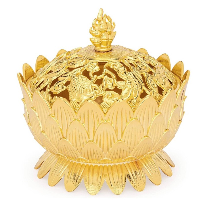 Arzator, supot de conuri aromaterapie sau tamaie, elegant in forma de lotus, cu un capac impodobit cu „Simboluri de bun augur” tibetane, 10x10 cm, auriu