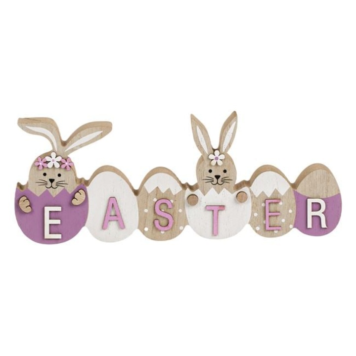 Decoratiune de masa din lemn pentru Paste, cu iepurasi, alb/mov, Dolik, 23.5x2x9 cm