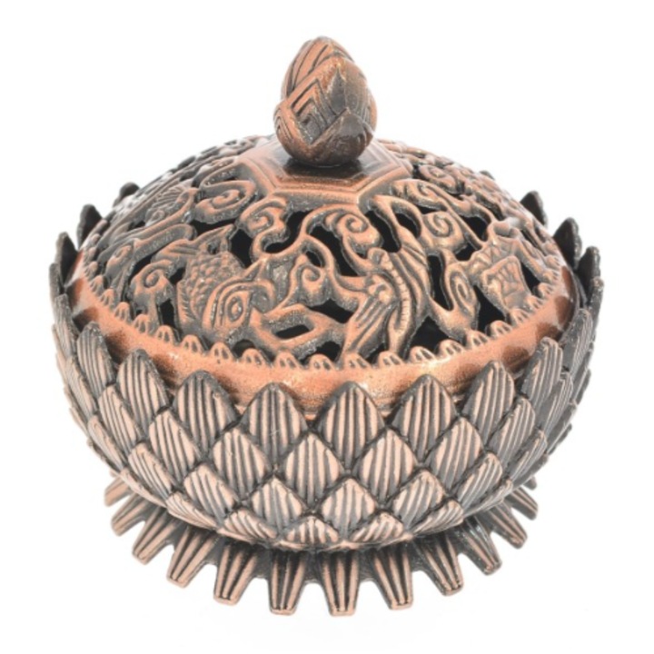 Arzator, supot de conuri aromaterapie sau tamaie, elegant in forma de lotus, cu un capac impodobit cu „Simboluri de bun augur” tibetane, 6x7 cm, aramiu