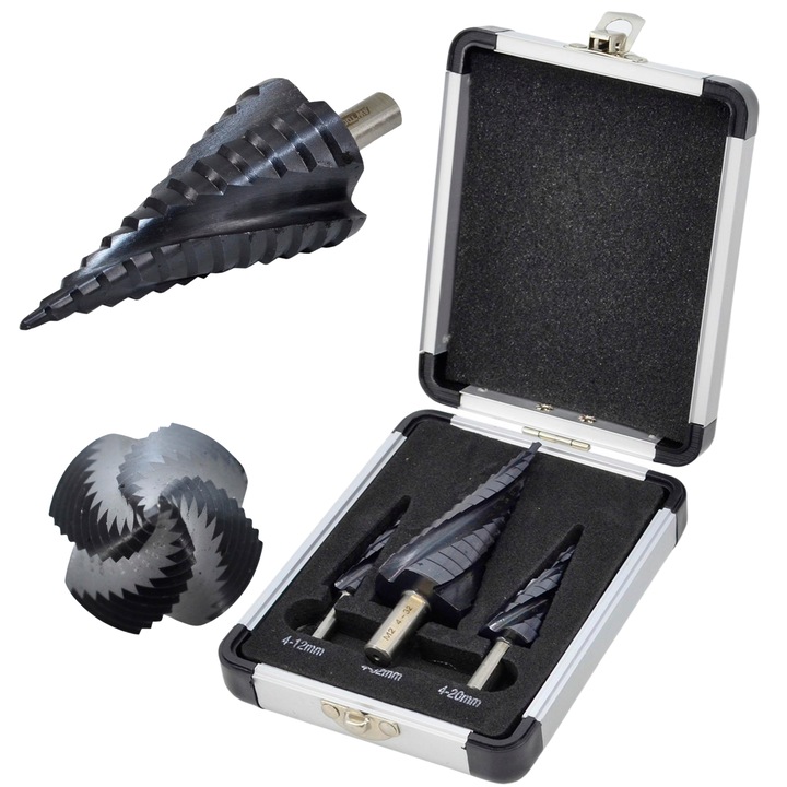 Set burghie spiralate AwTools, 3 bucati, 4-12mm, 4-20mm, 4-32mm, HSS M2-TiAlN, pentru metale si plastic