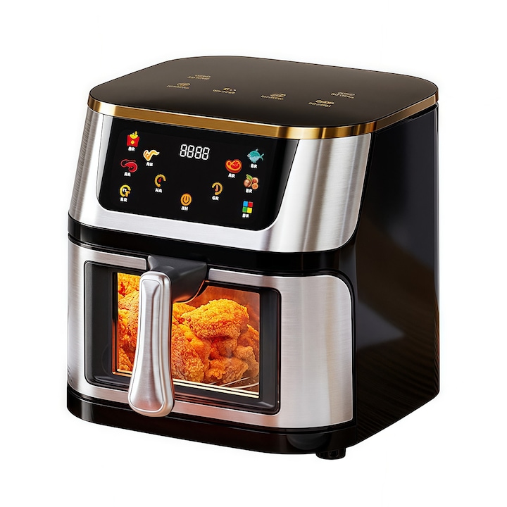 Еър фрайер, 1400 W, капацитет 10 л,, LCD екран, голям цветен сензорен екран, прозрачно визуално чекмедже, таймер, регулируема температура, външна част от неръждаема стомана, циркулация на горещ въздух