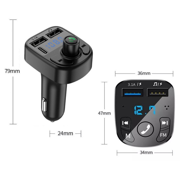 Multifunkciós Bluetooth autós töltő, 2 USB port + C típusú port, kihangosító funkció, 12-24V