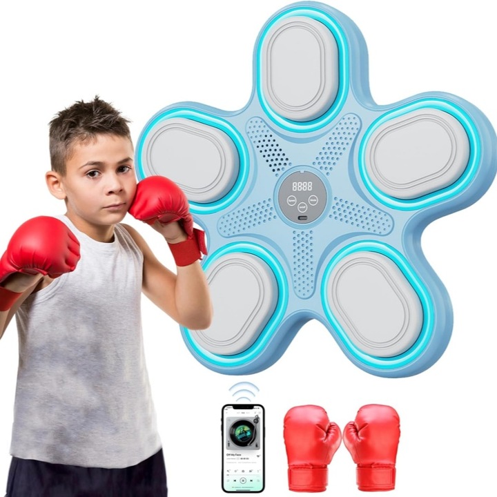 Sistem Smart de Box cu Muzica pentru Copii 6-12+ Ani, AjieQaQ, Montare Perete, Bluetooth, 9 Moduri & Viteze, Jocuri Interactive, Include Manusi de Box, Ideal Antrenament Acasa, Distractie Activa & Dezvoltare Coordonare