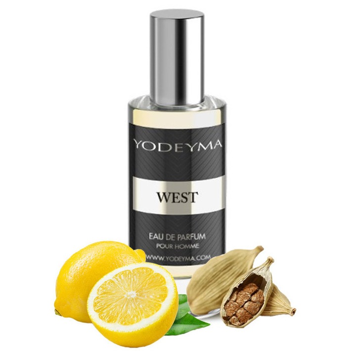 Yodeyma West Eau de Parfum férfiaknak, citrom, kardamom és Haba Tonka árnyalatai, modern férfinak, aki értékeli a frissesség és az intenzitás egyensúlyát, 15 ml