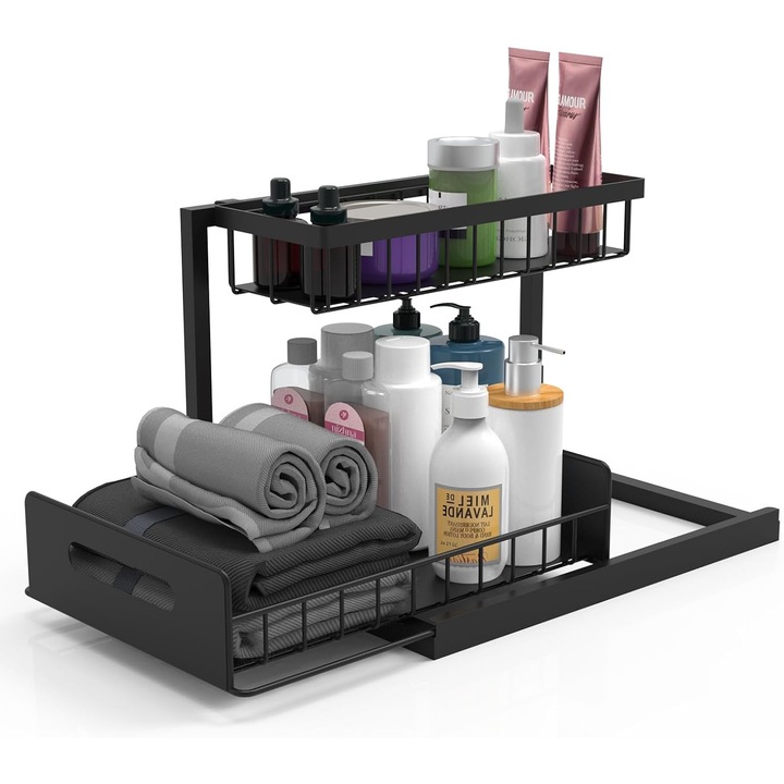 Mosogató alatti rendszerező, acél, 2 szint, kihúzható fiók, csúszásgátló tapadókorongok, fekete