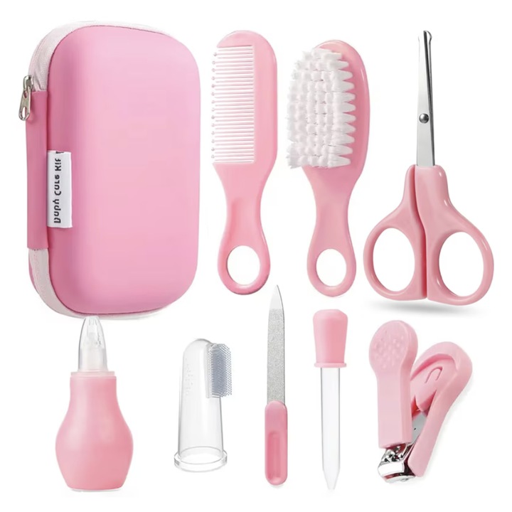 Babaápolási készlet, 8 darabos, puha hajfésű és kefe, orrszívó, körömvágó, olló, rózsaszín