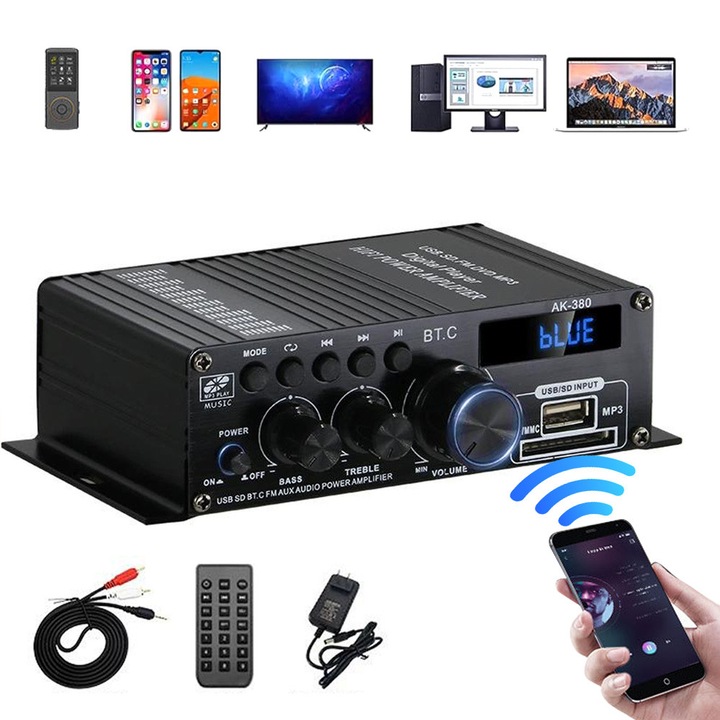 Аудио усилвател, Noonedibs, захранващ адаптер и дистанционно управление, 2.0 канала, 120 W мощност, поддръжка на USB/SD вход, Bluetooth 5.0, FM функция, Plug and Play, преносим, за кола и за дома, черен