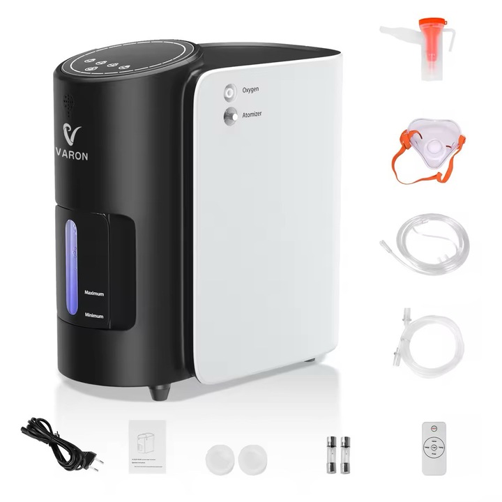 Concentrator de oxigen portabil Varon, Continua de oxigen 1-7L/min, Puritate Oxigen 90-35%, Functie de Oxigen/Aerosoli, Cu cupa de umidificare, Alb