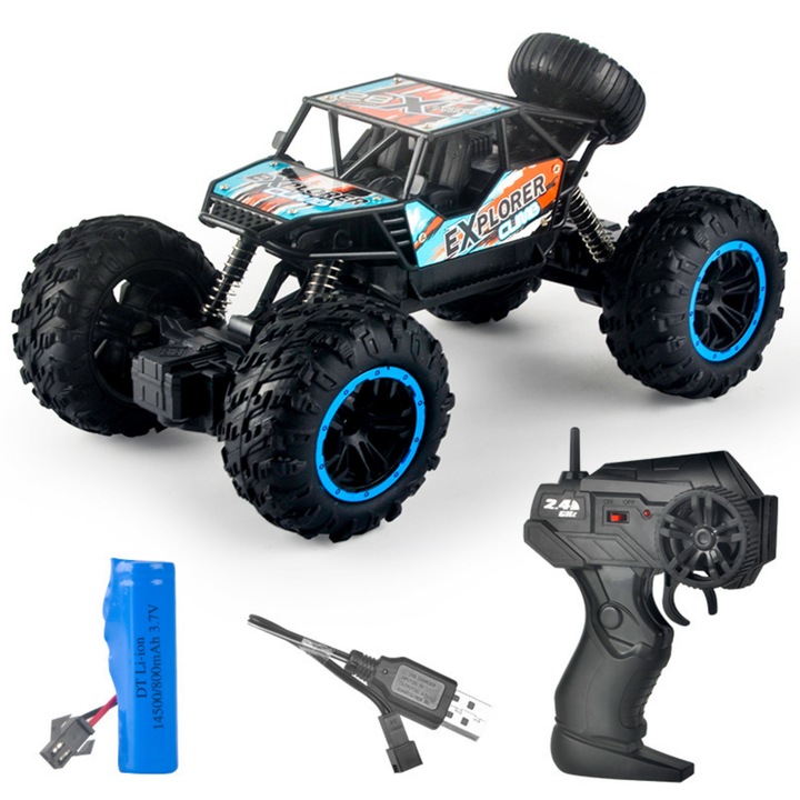 Кола с дистанционно управление, MzcrJosv®, Rock Crawler Off-Road, 4x4, 2.4GHz радиоуправляема, дрифт и офроуд, 1 акумулаторна батерия включена, за момчета и момичета, 23x 14x 11 см, Черно/Синьо