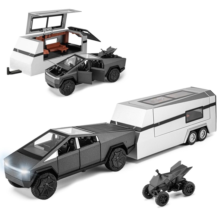 Tesla játékautó 1:32, MzcrJosv®, PullBack technológia, fém, ATV-t, lakókocsit tartalmaz, fénnyel és hanggal, 35 x 7 x 7,5 cm, mozgó alkatrészek, díszes, mozgó kerekek, gyerekeknek és felnőtteknek, gyűjtőknek és játékhoz, ezüst