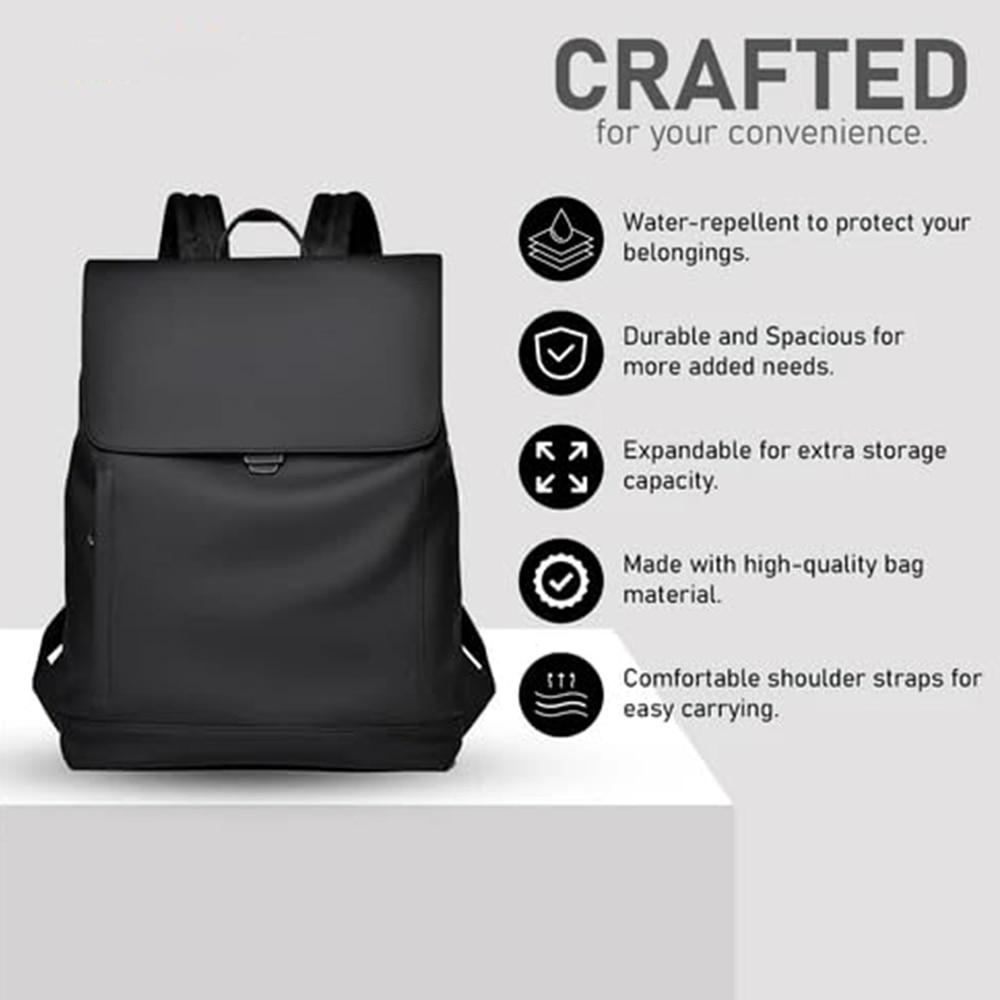 Rucsac Dollcini minimalist impermeabil pentru laptop 14" - unisex pentru scoala, munca si calatorii, negru mat
