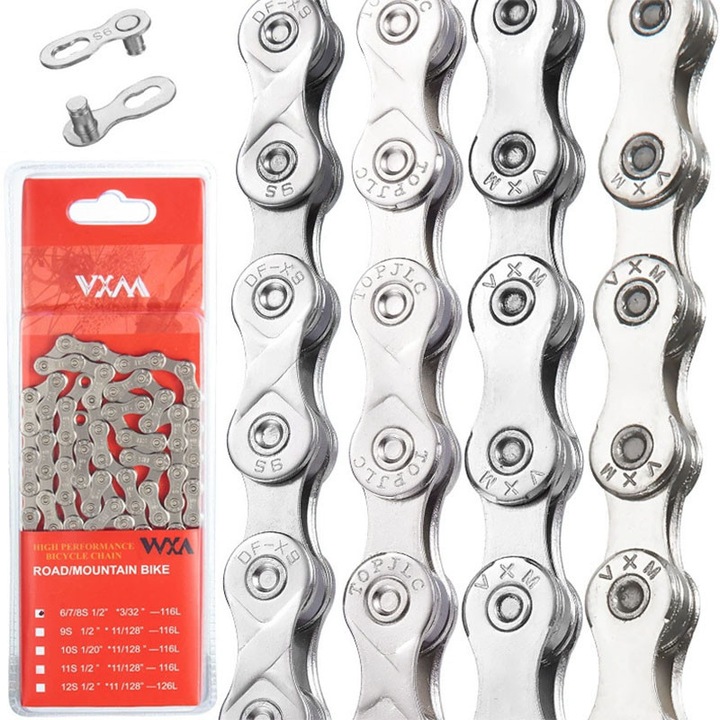 Lant De Bicicleta VXM, 116 Zale, 6/7/8 Viteze, Cu conectoare, Rezistent la coroziune, Usor de instalat si de utilizat, mountain bike, Pentru bicicleta de drum, Metal
