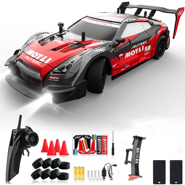 Кола с дистанционно управление, 2.4GHz, 1200mah, 1:16, Дрифт, 35km/h, 4x4, LED светлини, Сменяеми гуми, За деца над 7 години и възрастни, 2 акумулаторни батерии включени, Черно/червено
