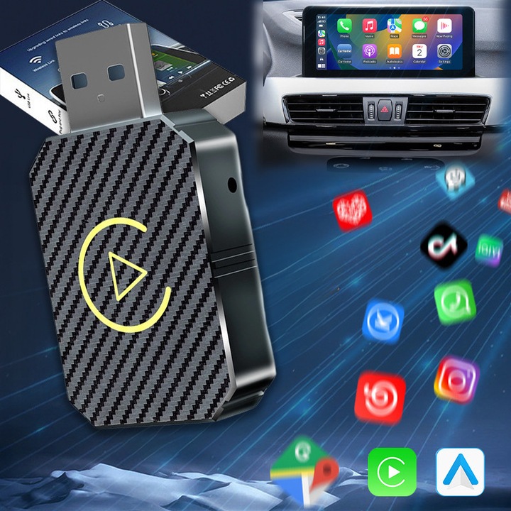 Adaptor auto wireless 2 in 1 iPhone Carplay, Adaptor wireless auto cu ecran adaptiv si control vocal, converteste CarPlay/Android Auto prin cablu in wireless, conectivitate Bluetooth si Wi-Fi 5GHz, culoare neagra, dimensiuni 51mm×28mm×9.5mm