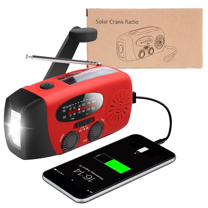 Radio Portabil Camping Cu Lampa LED, Incarcare de urgenta, incarcare solara, generare manuala de electricitate, baterie interna: 2000mAh, spectru radio, potrivit pentru camping/rucsac/drumetii sau alte activitati in aer liber si portabil