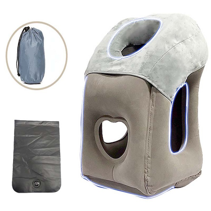 Perna gonflabila de calatorie, Material flanelat hypoalergenic, Dimensiuni 30x35x55cm, Pompa manuala inclusa, Culoare gri - Utilizare in avion/tren/masina/birou