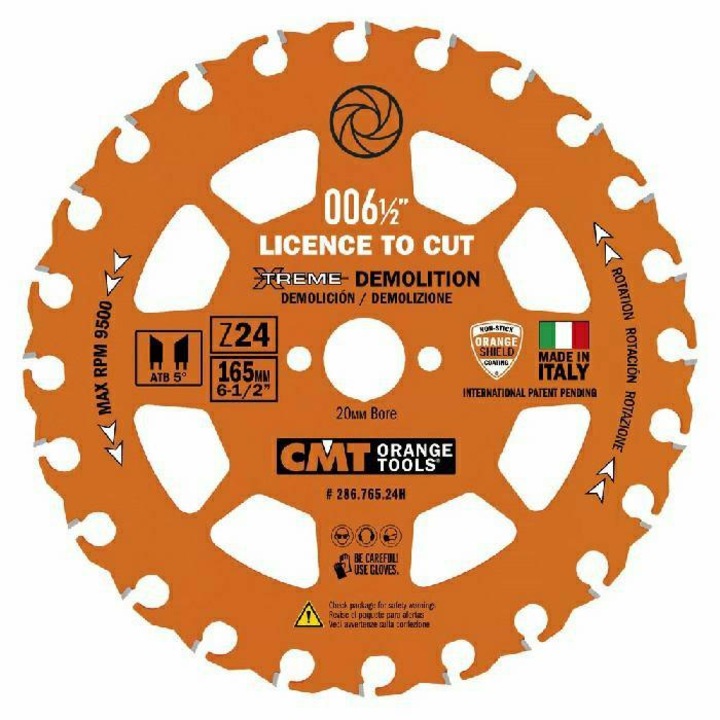 Pila circulara CMT D:165mm Z:24 F:20 K/P:2,3/1,2 pentru taierea lemnului cu cuie