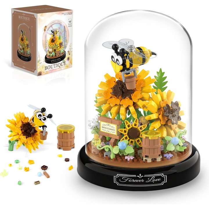 Set de blocuri de constructie Buchet, Seria de plante cu flori de animale 548 buc Mini blocuri de constructie, jucarii bloc de constructie pentru copii si adulti, cadou de Ziua Indragostitilor pentru ea (albina)