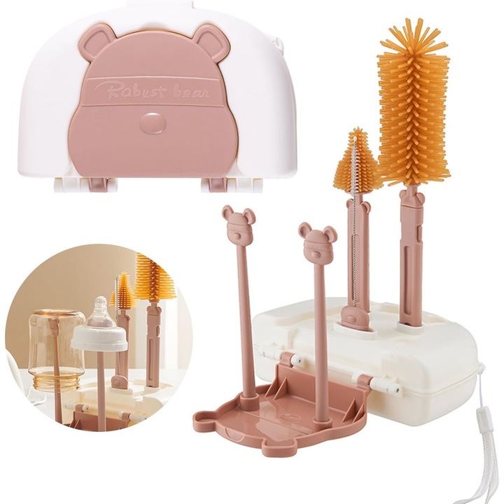 Set 7 Piese Spalat/Uscat Biberoane Cyrax, Peri de Silicon, Model Ursulet, Maro, 16x11x5cm