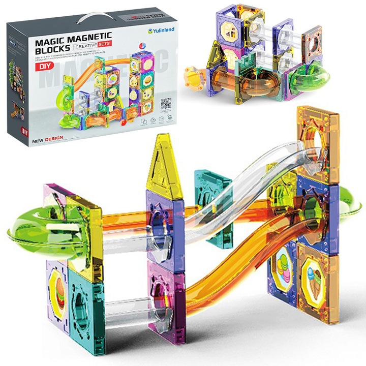 Set de constructie cu placi magnetice, Yulinland®, 73 piese, Magneti Puternici, Traseu cu Bile, Numeroase Posibilitati de Construit, Dezvoltarea abilitatilor motrice si a imaginatiei, Multicolor