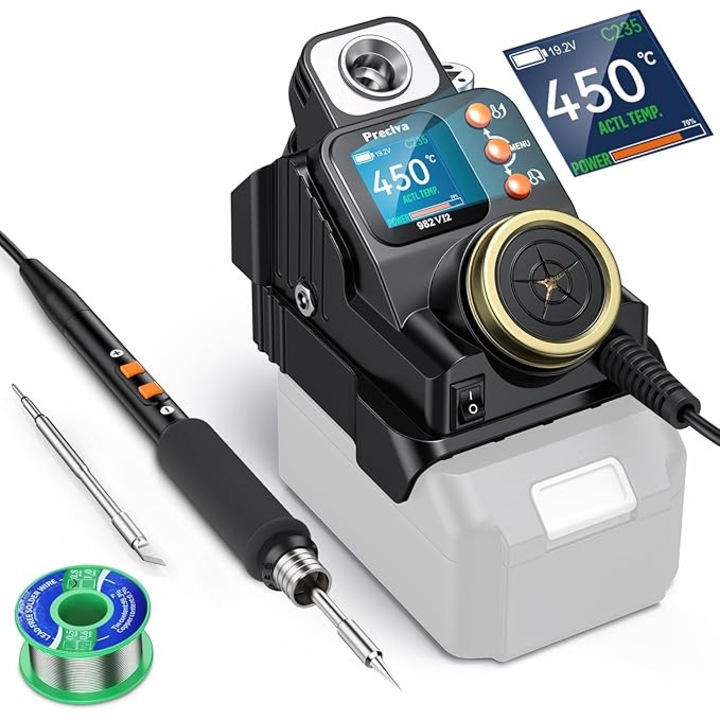 Statie de lipit 50W, display LCD, portabila fara fir, letcon, temperatura reglabila 90-450°C compatibila cu bateriile Makita 18-20V, negru