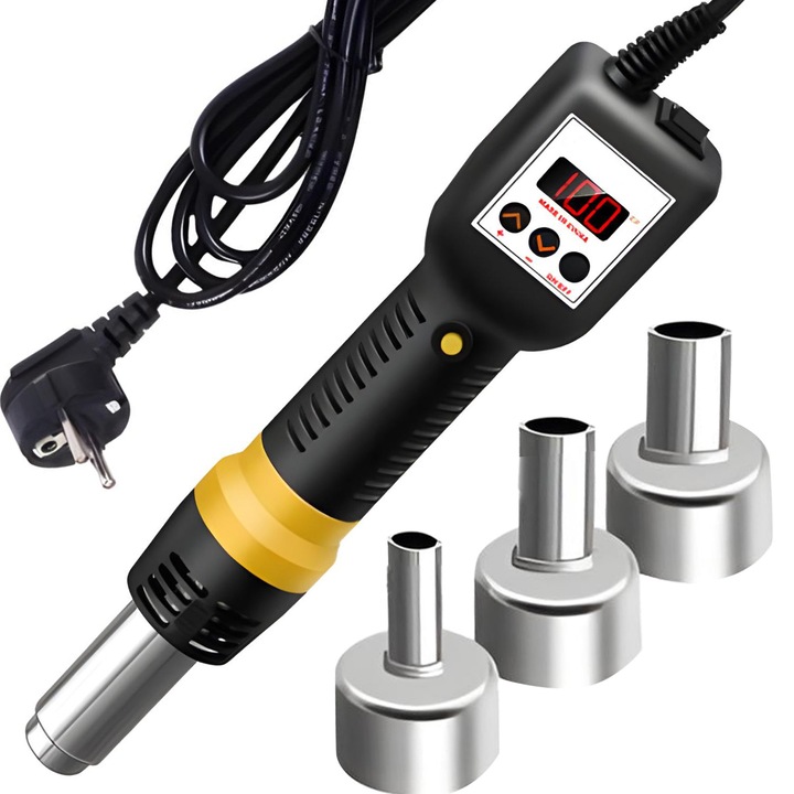 Statie de lipit cu aer cald, Renew Force, set 3 duze, Pistol de lipit portabil, 700W, 120 l/min, Temperatura reglabila 100 °C - 480 °C, Afisaj digital LED, Negru/galben 8898D