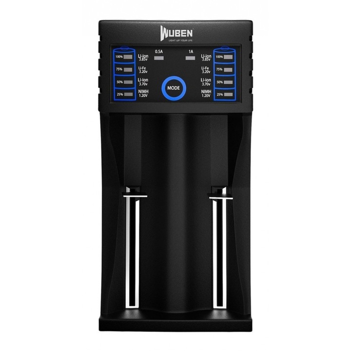 Incarcator acumulatori, Wuben, ARF2, sistem dual de incarcare, intrare MicroUSB DC 5V, selectie curent 0.5A-1A, indicator LED, protectie inteligenta, negru