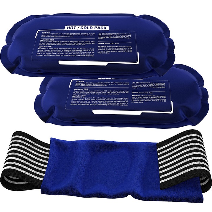 Set 2 Pachet Termic Reutilizabil cu Gel Ajustabil (Cald/Rece), Dimensiune gel: 25 * 13cm, Alinare Dureri pentru Recuperare Post-Traumatism, Dureri Articulatii/Muschi (Genunchi, Spate) - Albastru