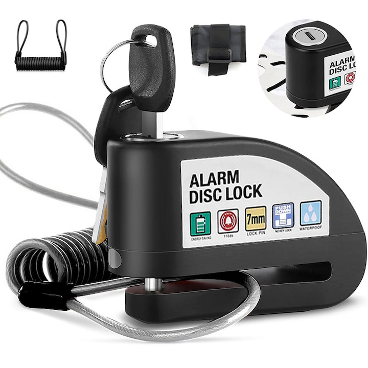 Antifurt cu alarma pentru disc frana bicicleta, 110 db, 282g, Coaja din aliaj de zinc, elastic cord, scuter, motocicleta, rezistent la apa