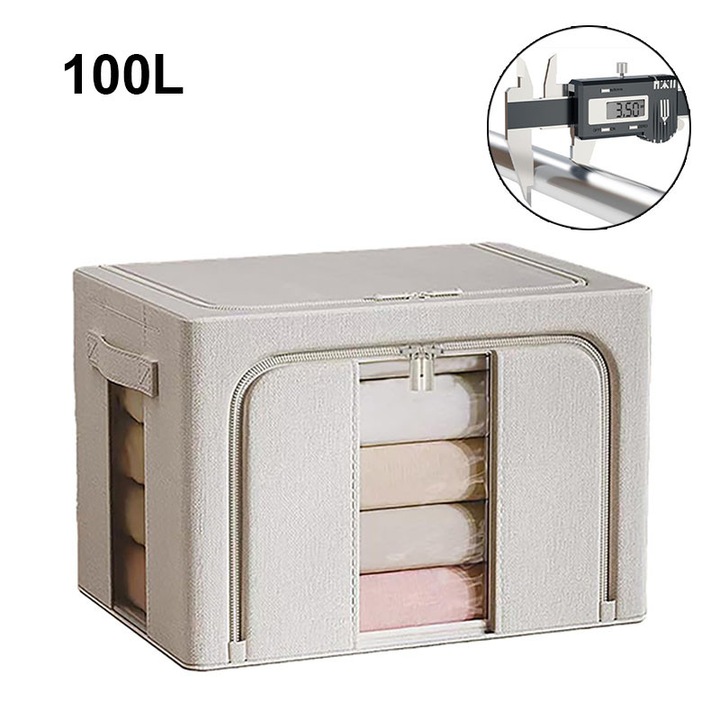 Cutie de depozitare pliabila, cadru metalic, capacitate mare 100L, dimensiuni 60x42x40 cm, fara miros, cu fermoar, fereastra transparenta, manere, potrivita pentru haine/paturi, culoare gri