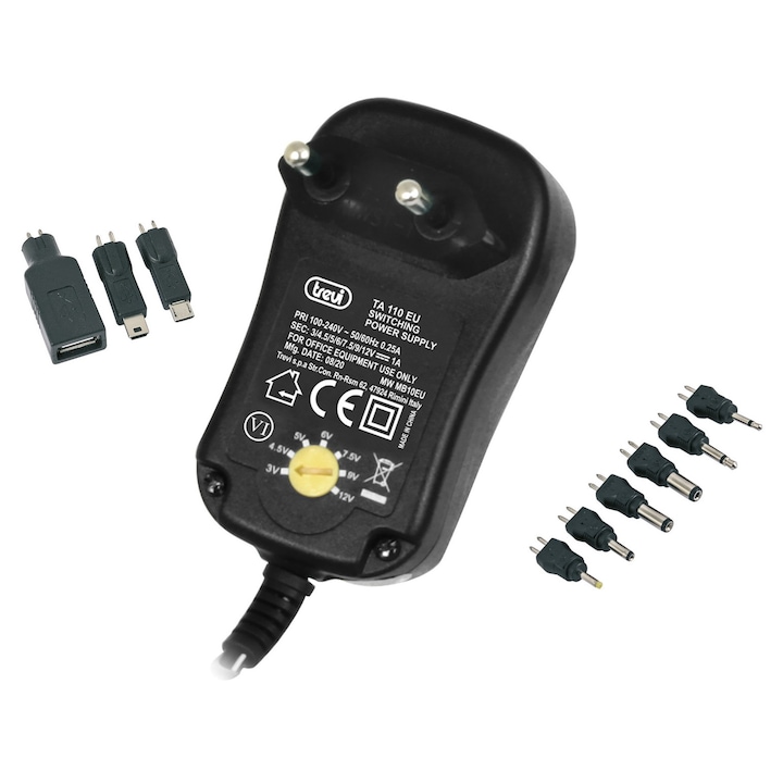 Trevi TA110 univerzális töltő, kimenet 3 – 12 v 1000 mAh, 7 jack csatlakozóval és 3 USB-vel