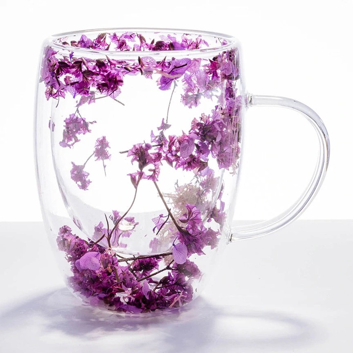 Cana din sticla borosilicata pereti dubli 350ml flori uscate mov – cana cafea, ceai, cappuccino, latte, espresso, cadou elegant, Next Trend