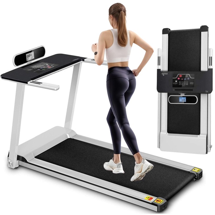 Мини електрическа бягаща пътека 2в1 за ходене/тичане KangoFit™ PRO Сгъваема, LCD екран, Bluetooth, държач за таблет/телефон, 2HP ултра тих мотор, 12 програми, скорост 1-14 км/ч, система за абсорбиране на удари, 5-слойна